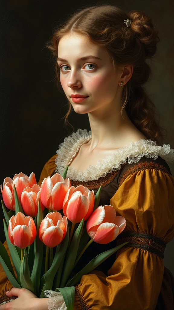 Renaissance period young woman, detailed face, beautiful eyes, lush lips, long eyelashes, porcelain skin, Renaissance era dress, holding big bouquet of tulips, intricate details, warm lighting, oil painting, masterpiece, photorealistic, ultra-detailed, vibrant colors, classical art, chiaroscuro lighting