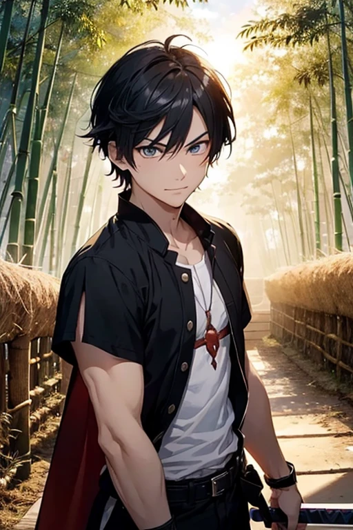 A hot-blooded boy with a strong sense of justice。Holding a Nichirin sword、Rin fighting demons々With a serious expression、In the landscape where the morning sun shines、Show a kind smile。The background is a bamboo forest and sunrise.、A powerful and hopeful atmosphere。