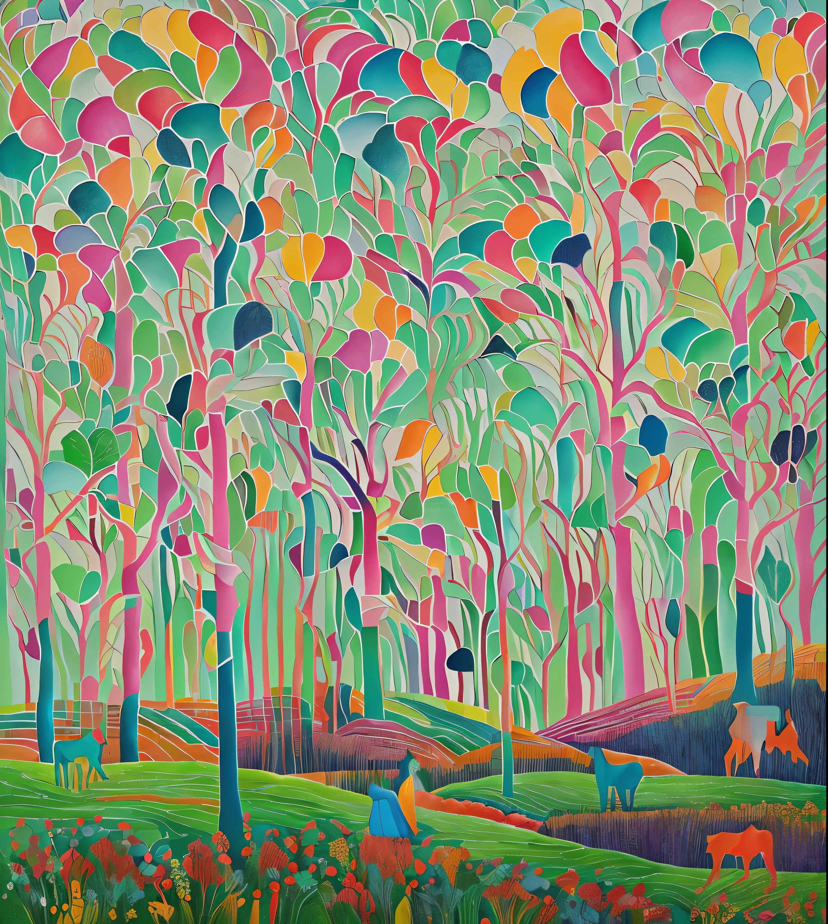 painting of a colorful forest with a house and a horse, jane newland, by Camille Bombois, kenne gregoire, raqib shaw, by Fang Congyi, by Daphne Fedarb, naive art, inspired by Dora Carrington, whimsical forest, bucolic, brightly coloured oil on canvas, painting of a forest, by Neysa McMein