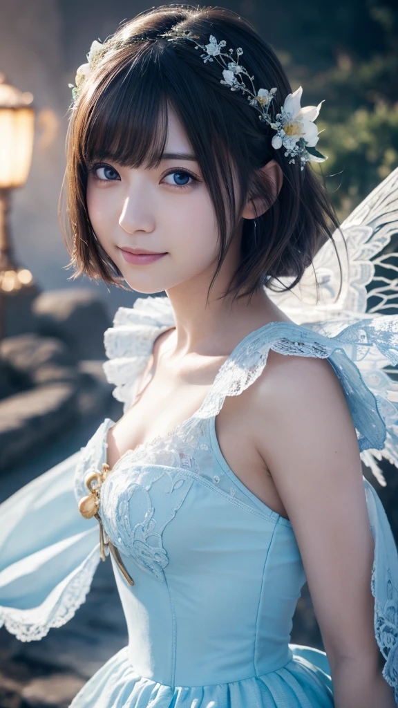 beautiful detailed eyes, droppy eyes,beautiful detailed lips, extremely detailed eyes and face, long eyelashes, 1japanese girl, fantasy character, Final Fantasy, yuuna,smile,short hair,elegant white dress,break, blue long skirt,break,magical girl, highly detailed, fantasy landscape, dramatic lighting, glowing effects, mist, intricate details, volumetric lighting, cinematic composition, hyper realistic, 8k, best quality, masterpiece, photorealistic,Highres fix