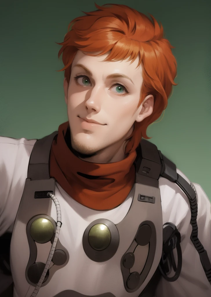 Illustration of a man, futuristic military uniform, an illustration inspired by Kanō Hōgai, Tumblr, romanticism, portrait, orange hair, the Sandman from graphic novel, deep focus, wearing an orange jumpsuit with a high collar, chest plate with circular black and silver attachments, and a patch with an insignia. His outfit suggests space exploration or combat, emphasizing functionality and utility. Has green eyes, and his expression exudes confidence and authority. Manly features, man, manly, strong gaze, mouth closed, mouth shut.