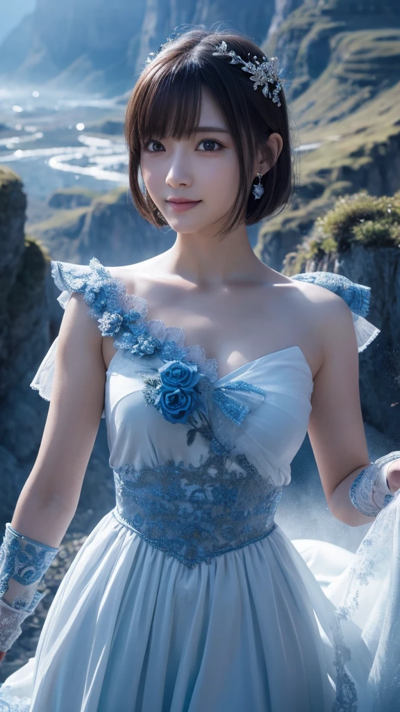 beautiful detailed eyes, droppy eyes,beautiful detailed lips, extremely detailed eyes and face, long eyelashes, 1japanese girl, fantasy character, Final Fantasy, yuuna,smile,short hair,elegant white dress,break, blue long skirt,break,magical girl, highly detailed, fantasy landscape, dramatic lighting, glowing effects, mist, intricate details, volumetric lighting, cinematic composition, hyper realistic, 8k, best quality, masterpiece, photorealistic