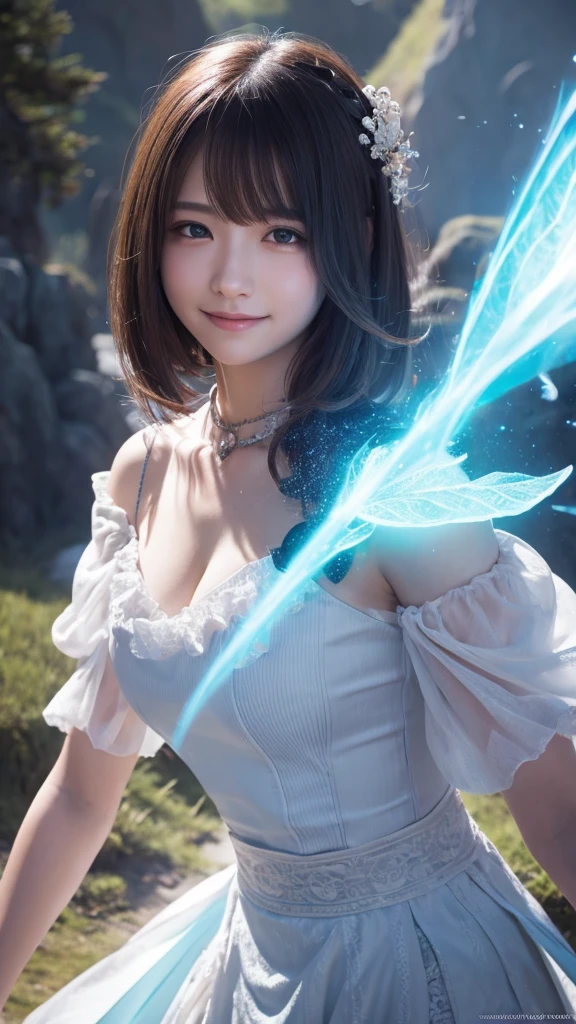 beautiful detailed eyes, droppy eyes,beautiful detailed lips, extremely detailed eyes and face, long eyelashes, 1japanese girl, fantasy character, Final Fantasy, yuuna,smile,short hair,elegant white dress,break, blue long skirt,break,magical girl, highly detailed, fantasy landscape, dramatic lighting, glowing effects, mist, intricate details, volumetric lighting, cinematic composition, hyper realistic, 8k, best quality, masterpiece, photorealistic