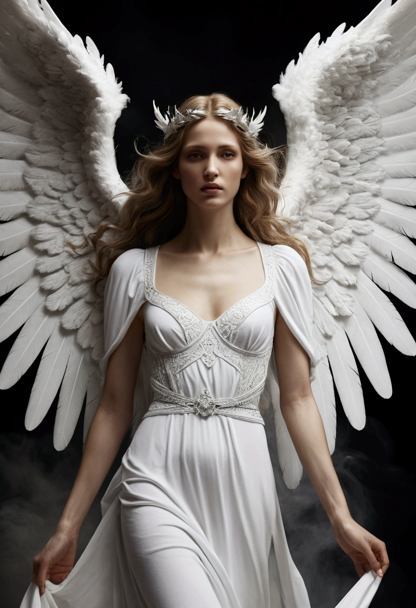 The descent of a beautiful angel with white wings from a lush and prosperous heaven to a hot, dry, scary and tormenting hell