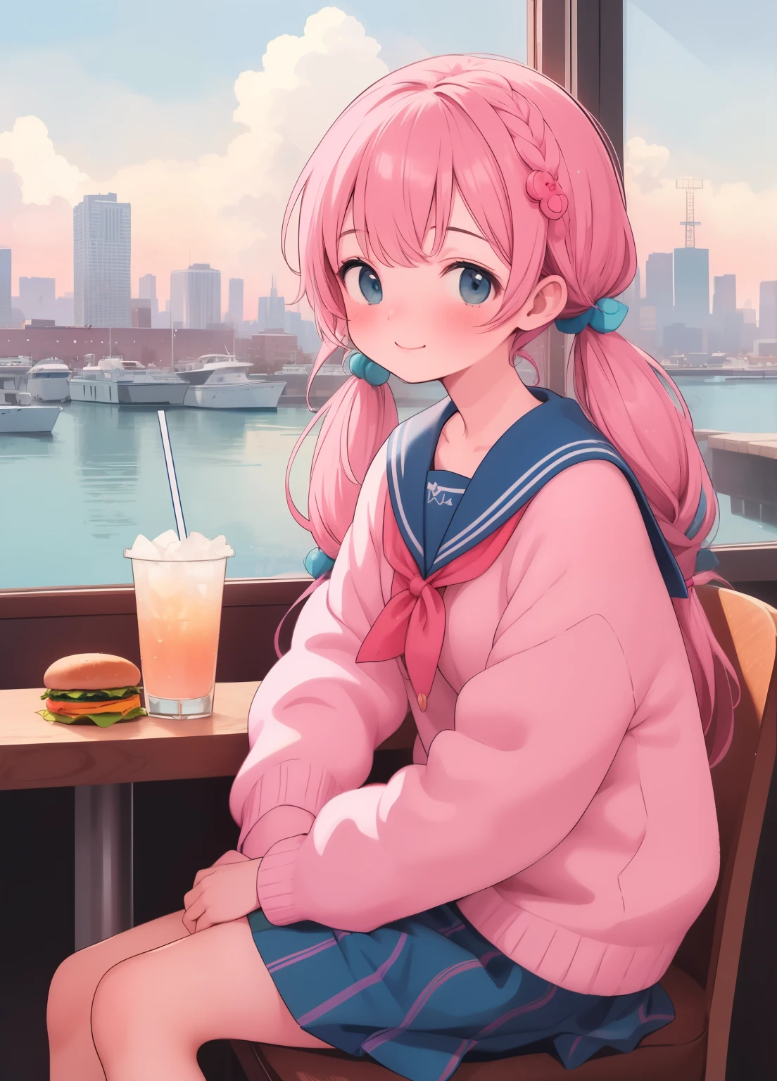(masterpiece、Highest quality、Highest quality、Official Art、Beautiful and beautiful:1.2)、(One girl:1.3)Hatsune Miku、Twin tails,Beautiful breasts, Katsushika Hokusai,(masterpiece:1.5), Highest quality, Very detailedな, Very detailed, Exquisite, 16K, Full HD, so beautiful, Absurd, Anime Style, One girl, high school girl, woman, , shoulder-length pink hair, smile, , Sailor suit or blazer and skirt, Holding a small burger, Eat a little, Bright lighting, The lively atmosphere of a fast food restaurant, Table with drinks, Other students in the background, Evening cityscape outside the window, Soft light illuminating the room, Focus sharply on the subject, Vibrant colors, Bright and warm atmosphere