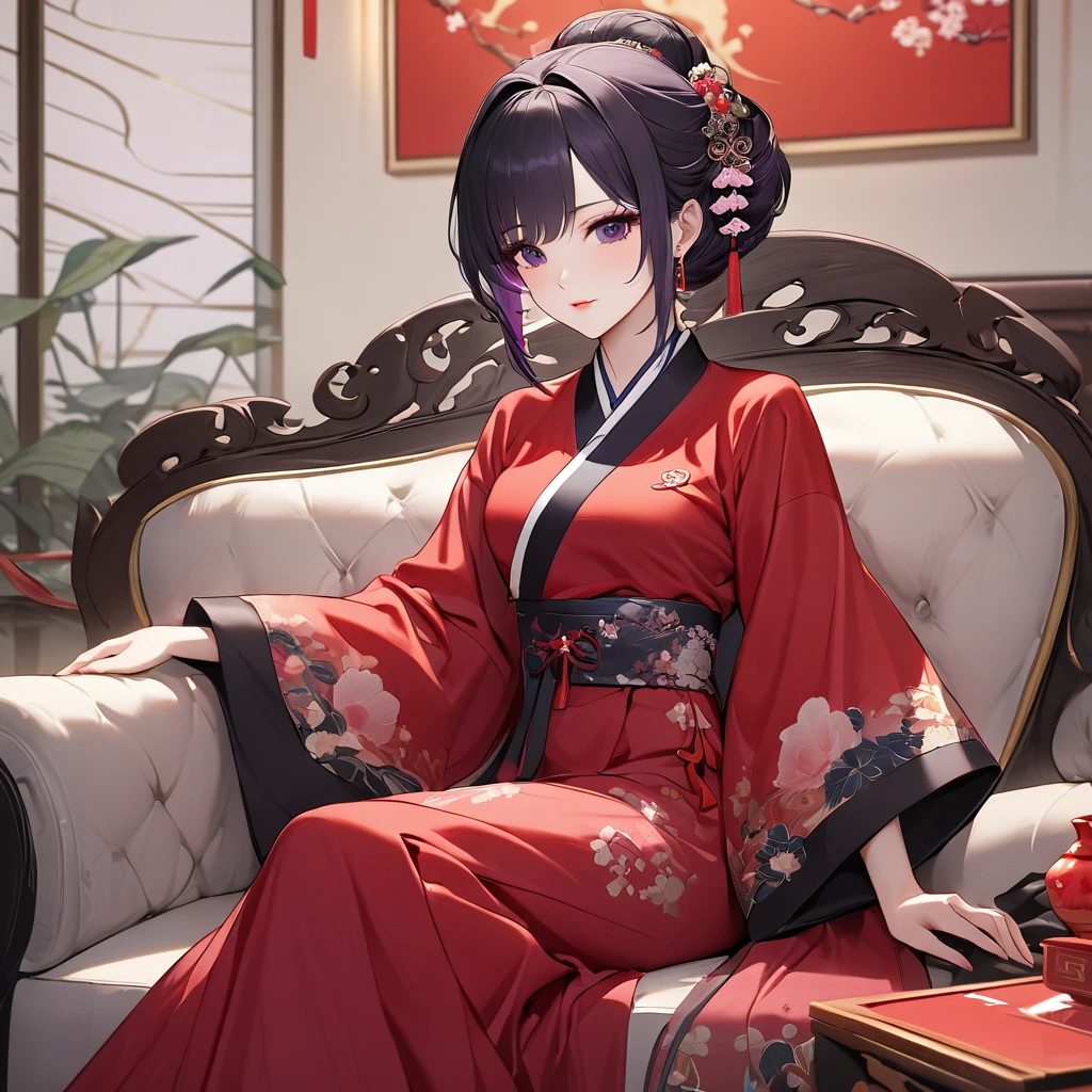 ((Highest quality)), ((masterpiece)), (detailed), (Perfect Face)、The woman is a Chinese woman named Kocho Shinobu.。, Purple gradient bob black hair and formal evening hairstyles. She is wearing an engagement ring. She is a prominent member of the Chinese Communist Party.、She is the wife of a great old Communist Party official.、The woman is beautifully dressed in the gorgeous and gorgeous red Hanfu that is typical of the Chinese Communist Party.、A poised and elegant Chinese lady sitting on a plush sofa in a luxurious room