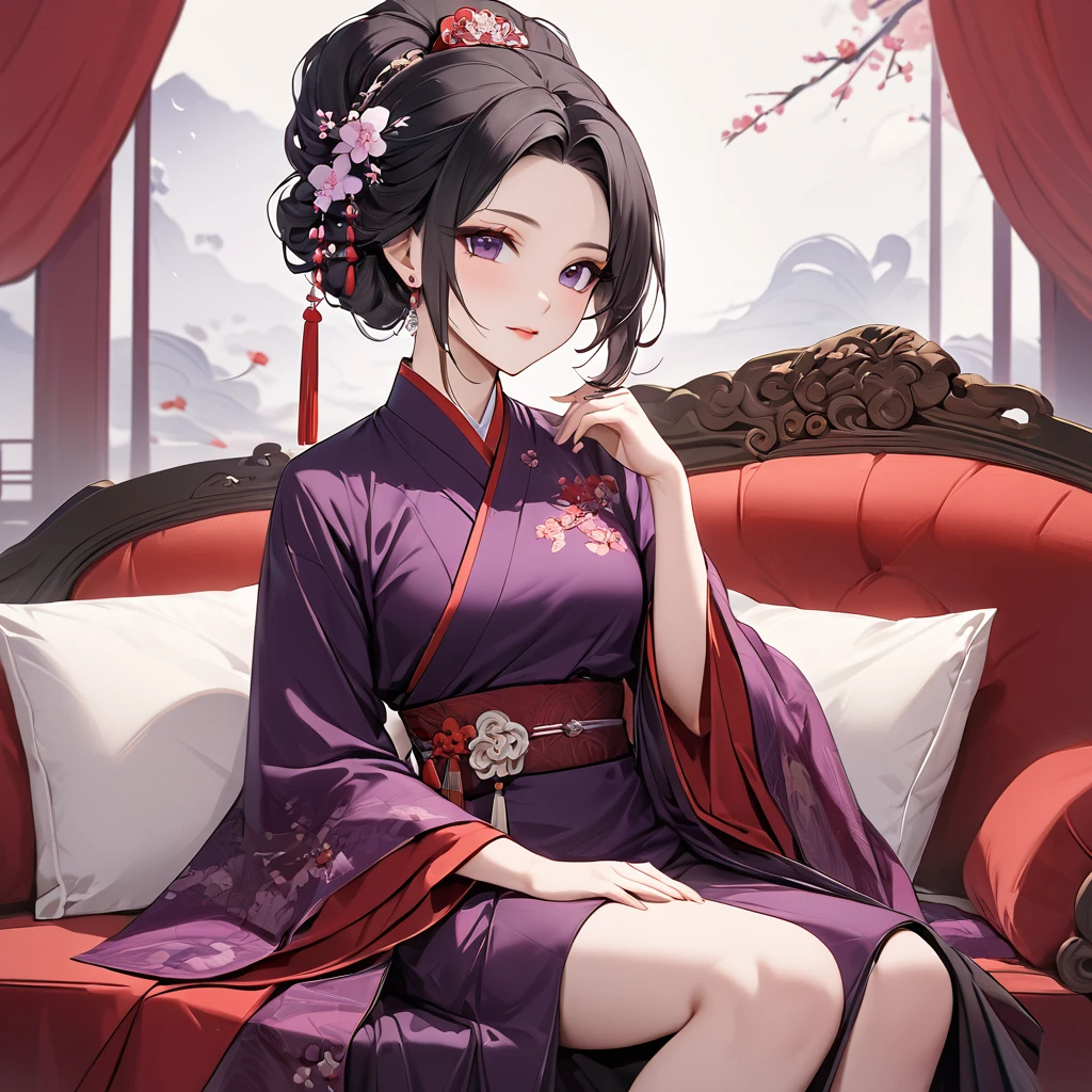 ((Highest quality)), ((masterpiece)), (detailed), （Perfect Face）、The woman is a Chinese woman named Kocho Shinobu.。, Purple gradient bob black hair and formal evening hairstyles. She is wearing an engagement ring. She is a prominent member of the Chinese Communist Party.、She is the wife of a great old Communist Party official.、The woman is beautifully dressed in the gorgeous and gorgeous red Hanfu that is typical of the Chinese Communist Party.、A poised and elegant Chinese lady sitting on a plush sofa in a luxurious room