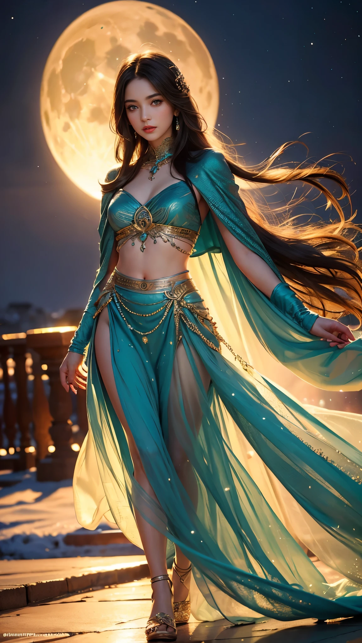 8K ultra hd, masterpiece,1 girl, ((realistic face)), detailed eyes, ((very long hair)), flowing hair, small breasts, royal dress, decorated dress, teal dress, anitque jwellery, detailed lacing, flowing cape, bare navel, moon light, amazing night outdoor, spot lights, glowing lights, depth of field, ray tracing, bloom, realistic shadow, tyndal effect, spreding, lights, looking at the audience, attractive pose,