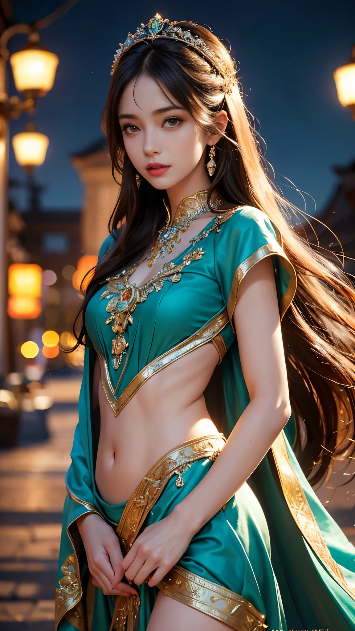 8K ultra hd, masterpiece,1 girl, ((realistic face)), detailed eyes, ((very long hair)), flowing hair, small breasts, royal dress, decorated dress, teal dress, anitque jwellery, detailed lacing, flowing cape, bare navel, moon light, amazing night outdoor, spot lights, glowing lights, depth of field, ray tracing, bloom, realistic shadow, tyndal effect, spreding, lights, looking at the audience, attractive pose,