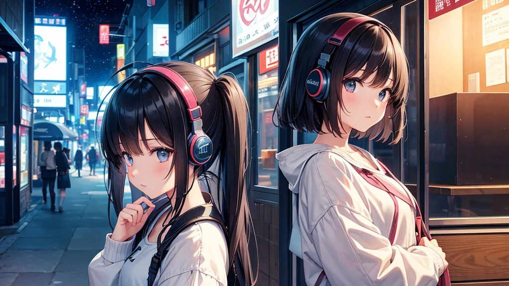 Traveling Inside the Zoo。A young girl with black hair wearing stylish clothes and headphones labeled "Lo-Fi" The girl is shown in profile, gazing into the distance with a calm, relaxed expression Background depicts the iconic scenery of Namba, Osaka at night, without any text on signs A starry night sky adding to the peaceful atmosphere Overall mood is quiet and serene, perfect for Lo-Fi music Detailed hair rendering and careful attention to the girl's fashionable outfit The entire scene should evoke a relaxing, introspective feeling associated with Lo-Fi music