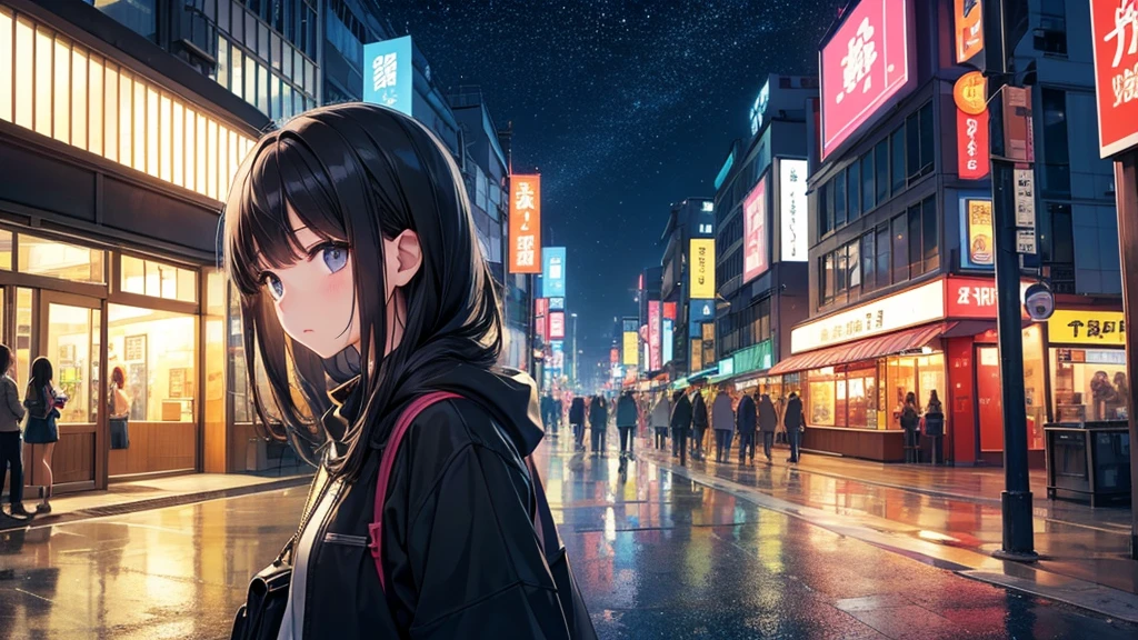 Traveling Inside the Zoo。A young girl with black hair wearing stylish clothes and headphones labeled "Lo-Fi" The girl is shown in profile, gazing into the distance with a calm, relaxed expression Background depicts the iconic scenery of Namba, Osaka at night, without any text on signs A starry night sky adding to the peaceful atmosphere Overall mood is quiet and serene, perfect for Lo-Fi music Detailed hair rendering and careful attention to the girl's fashionable outfit The entire scene should evoke a relaxing, introspective feeling associated with Lo-Fi music