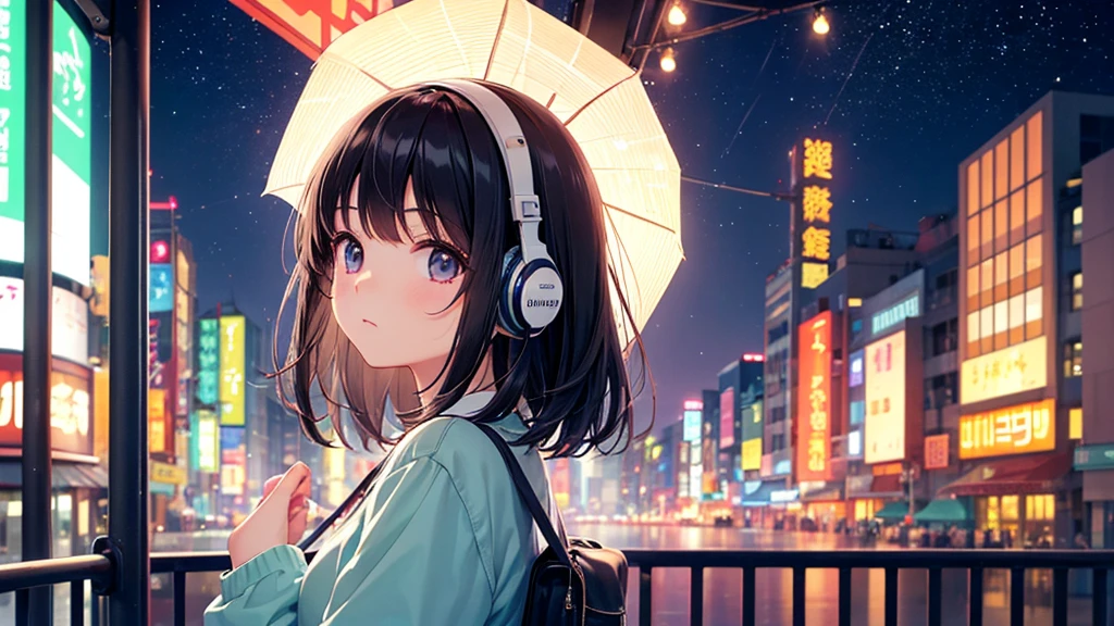 Traveling Inside the Zoo。A young girl with black hair wearing stylish clothes and headphones labeled "Lo-Fi" The girl is shown in profile, gazing into the distance with a calm, relaxed expression Background depicts the iconic scenery of Namba, Osaka at night, without any text on signs A starry night sky adding to the peaceful atmosphere Overall mood is quiet and serene, perfect for Lo-Fi music Detailed hair rendering and careful attention to the girl's fashionable outfit The entire scene should evoke a relaxing, introspective feeling associated with Lo-Fi music