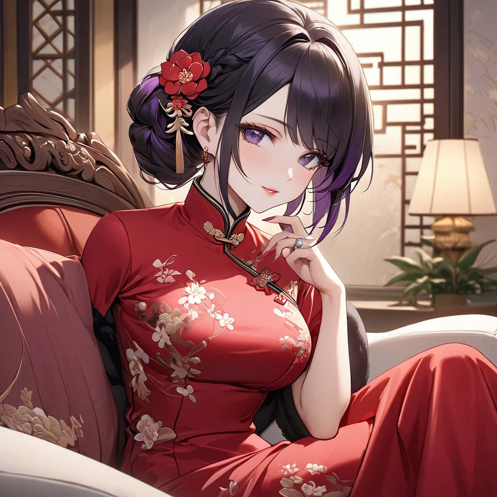 ((Highest quality)), ((masterpiece)), (detailed), (Perfect Face)、The woman is a Chinese woman named Kocho Shinobu.。, Purple gradient bob black hair and formal evening hairstyles. She is wearing an engagement ring. She is a prominent member of the Chinese Communist Party.、She is the wife of a great old Communist Party official.、The woman is beautifully dressed in a gorgeous red cheongsam, typical of the Chinese Communist Party.、A poised and elegant Chinese lady sitting on a plush sofa in a luxurious room