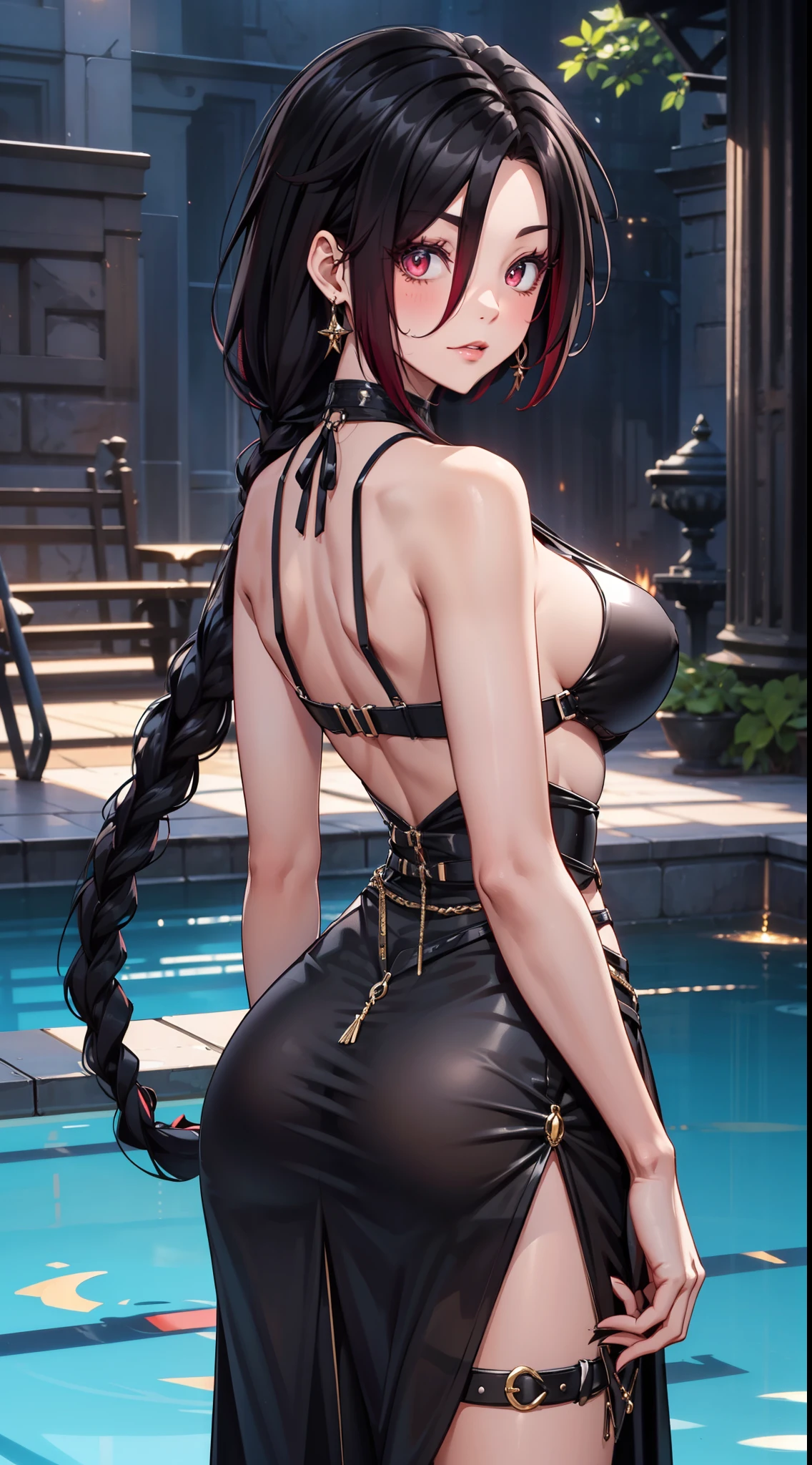 beautiful, crona, black dress, deep cleavage, long hair, red eyes, Good, pool curtain, sexy, sensual, looking back, sexy, hot, Braid, long waist-length braid,