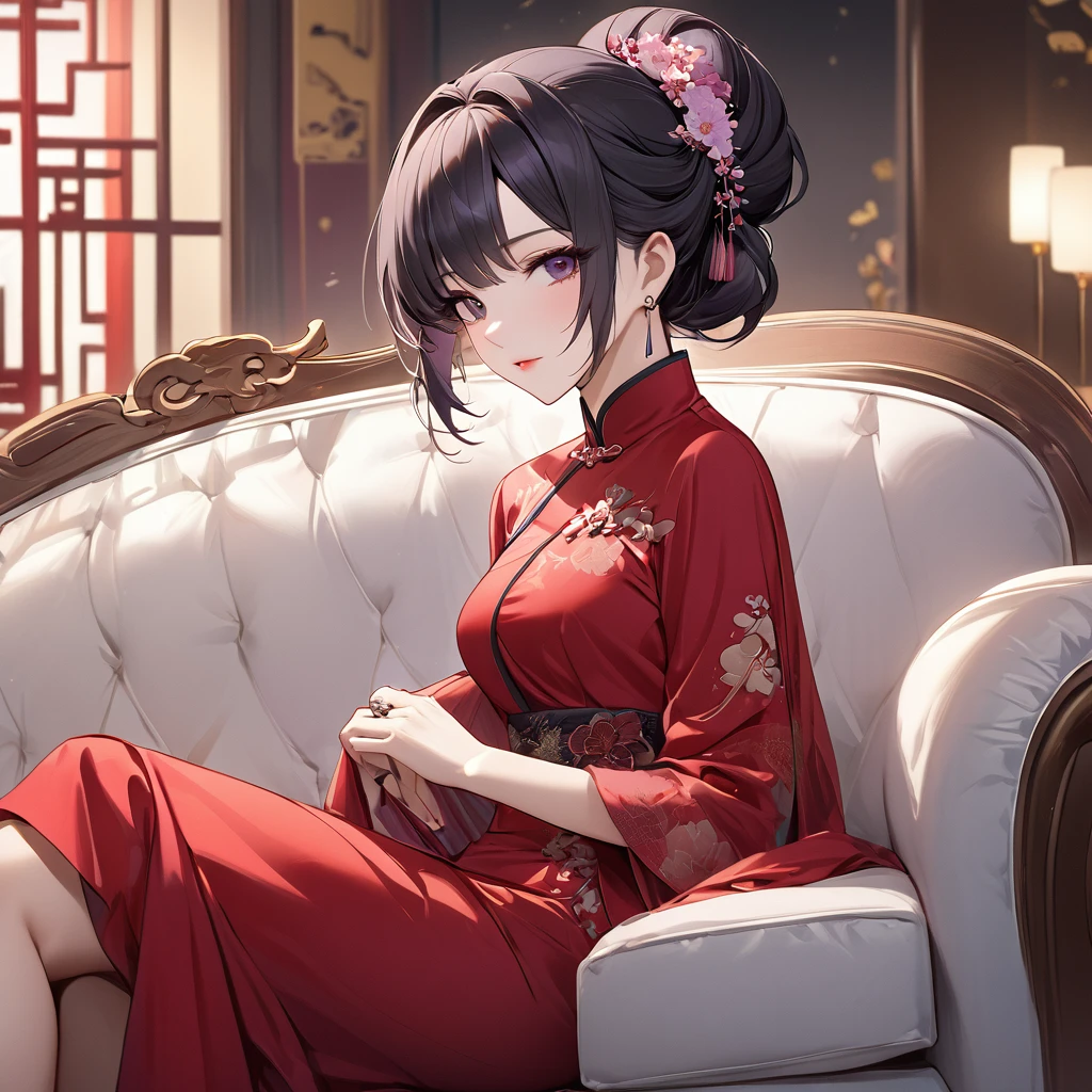 ((Highest quality)), ((masterpiece)), (detailed), (Perfect Face)、The woman is a Chinese woman named Kocho Shinobu.。, Purple gradient bob black hair and formal evening hairstyles. She is wearing an engagement ring. She is a prominent member of the Chinese Communist Party.、She is the wife of a great old Communist Party official.、The woman is beautifully dressed in a gorgeous and glamorous red dress typical of the Chinese Communist Party.、A poised and elegant Chinese lady sitting on a plush sofa in a luxurious room
