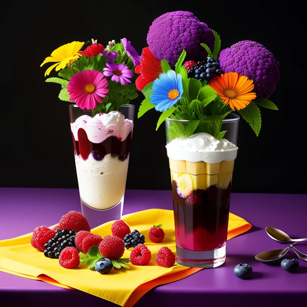 colorful flowers on the table,
knickerbocker glory, high thin glass, colorful ice cream, purple ice cream, raspberry, towers, blueberries, chopped chocolate, powdered sugar, difficult, oil on canvas, masterpiece, Expert, insanely detailed, 4k resolution, splash art, conceptual art, composition, framing, fine features,