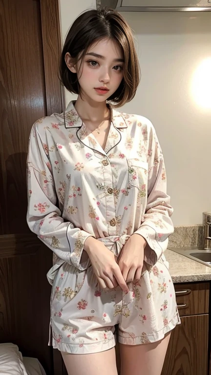 Sleepy girl, 22 years old, Realistic, she is wearing shorts, She is wearing floral pajamas, short hair.