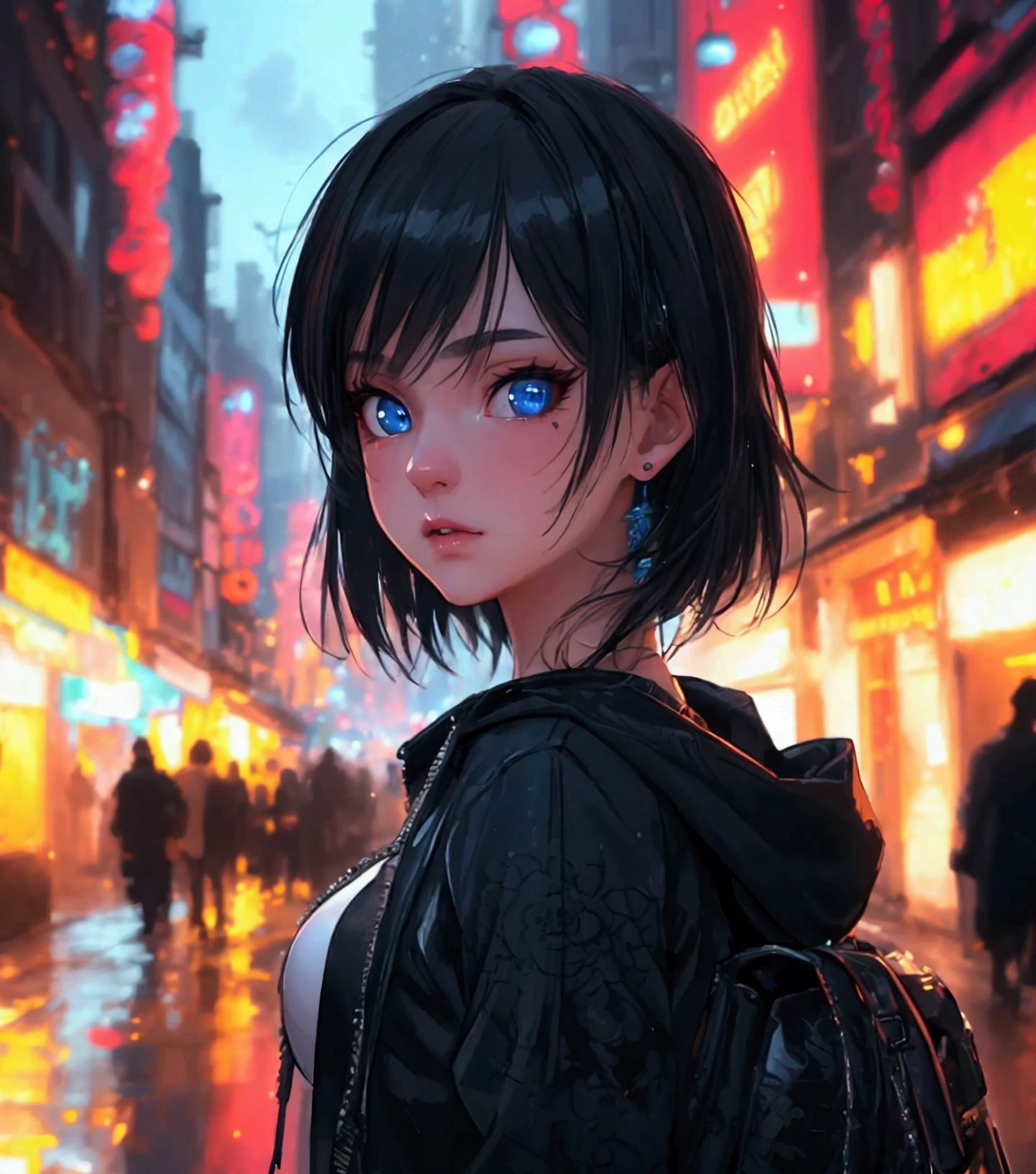 (masterpiece, best quality, ultra detailed:1.3), perfect composition, 4k, (extremely detailed, hyper detailed), soft lighting, raw, hdr, 8k textures, extreme detail, hight detailed skin texture, epic details, high sharpness, 1girl, (detailed eyes:1.3), (18 years old girl:1.3), (skinny), (big breasts), , on the street, in public, night street, night lights, neon lights, anime, illustration,  