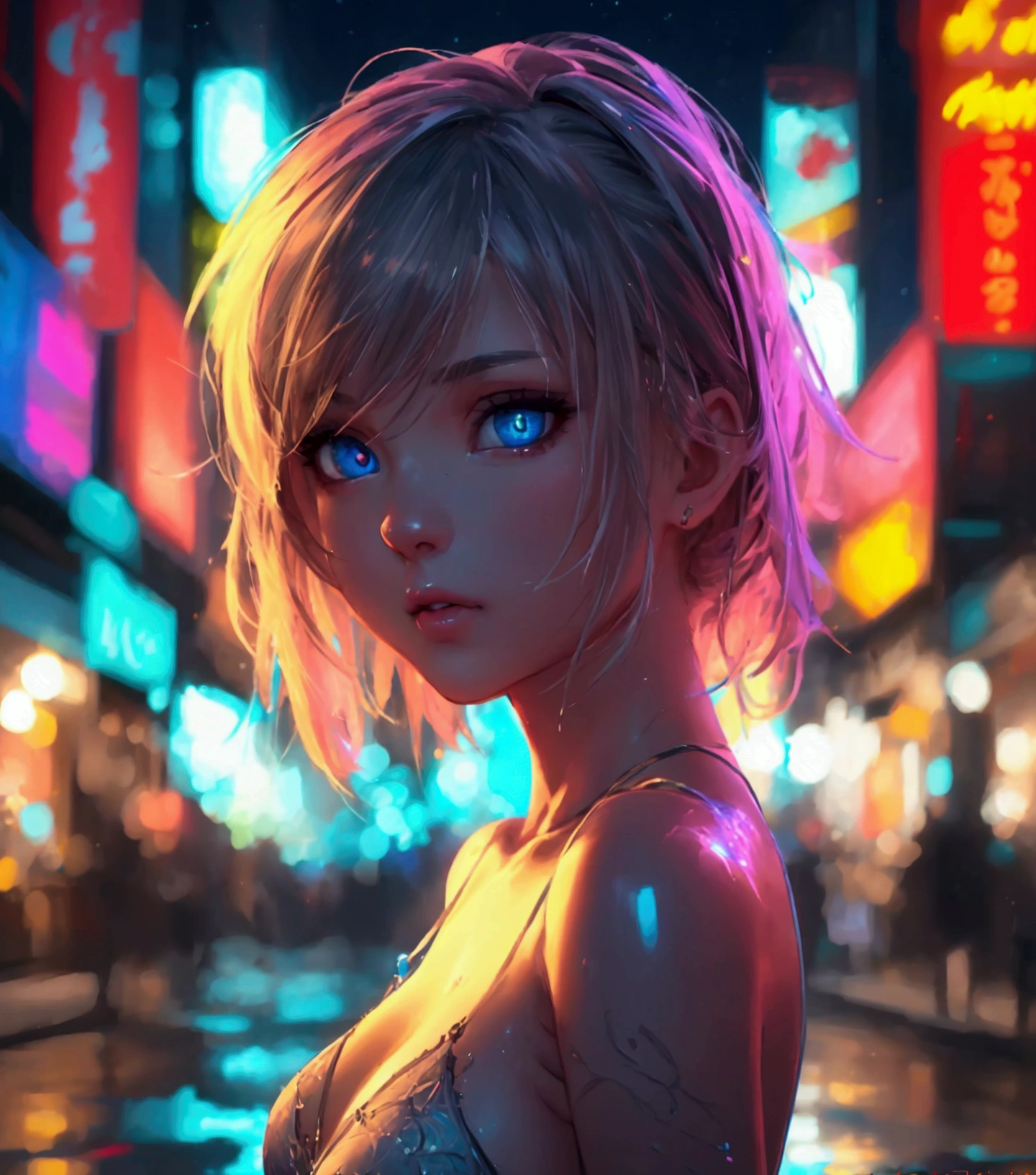 (masterpiece, best quality, ultra detailed:1.3), perfect composition, 4k, (extremely detailed, hyper detailed), soft lighting, raw, hdr, 8k textures, extreme detail, hight detailed skin texture, epic details, high sharpness, 1girl, (detailed eyes:1.3), (18 years old girl:1.3), (skinny), (big breasts), , on the street, in public, night street, night lights, neon lights, anime, illustration,