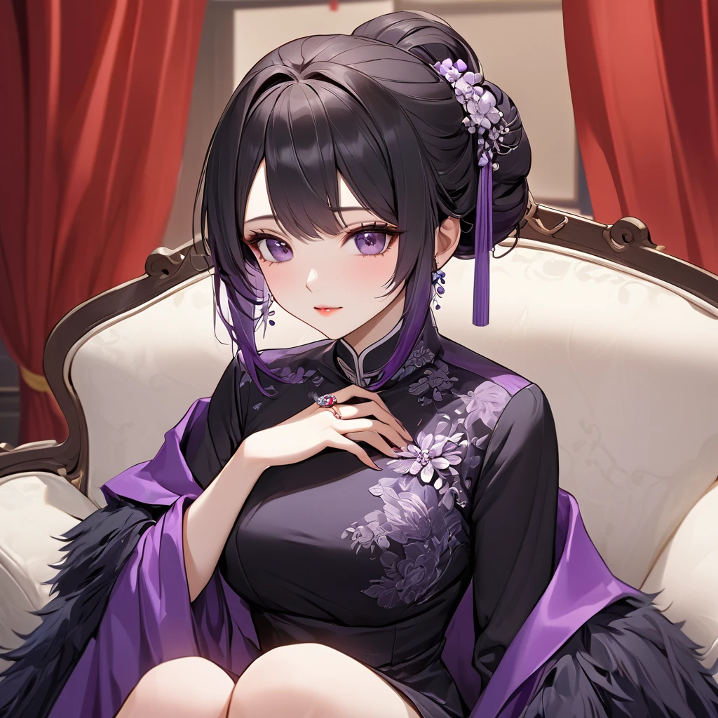 ((Highest quality)), ((masterpiece)), (detailed), (Perfect Face)、The woman is a Chinese woman named Kocho Shinobu.。, Purple gradient bob black hair and formal evening hairstyles. She is wearing an engagement ring. She is a prominent member of the Chinese Communist Party.、She is the wife of a great old Communist Party official.、The women are beautifully dressed in the gorgeous and glamorous red Mao suits typical of the Chinese Communist Party.、A poised and elegant Chinese lady sitting on a plush sofa in a luxurious room