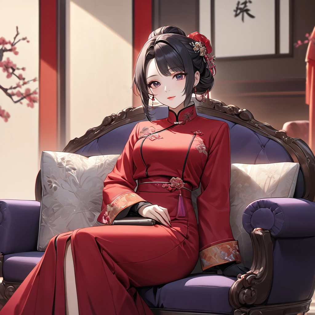 ((Highest quality)), ((masterpiece)), (detailed), （Perfect Face）、The woman is a Chinese woman named Kocho Shinobu.。, Purple gradient bob black hair and formal evening hairstyles. She is wearing an engagement ring. She is a prominent member of the Chinese Communist Party.、She is the wife of a great old Communist Party official.、The women are beautifully dressed in the gorgeous and glamorous red Mao suits typical of the Chinese Communist Party.、A poised and elegant Chinese lady sitting on a plush sofa in a luxurious room