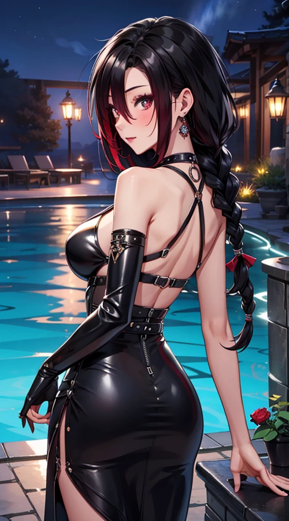 beautiful, crona, black dress, deep cleavage, long hair, red eyes, Good, pool curtain, sexy, sensual, looking back, sexy, hot, Braid, long waist-length braid,