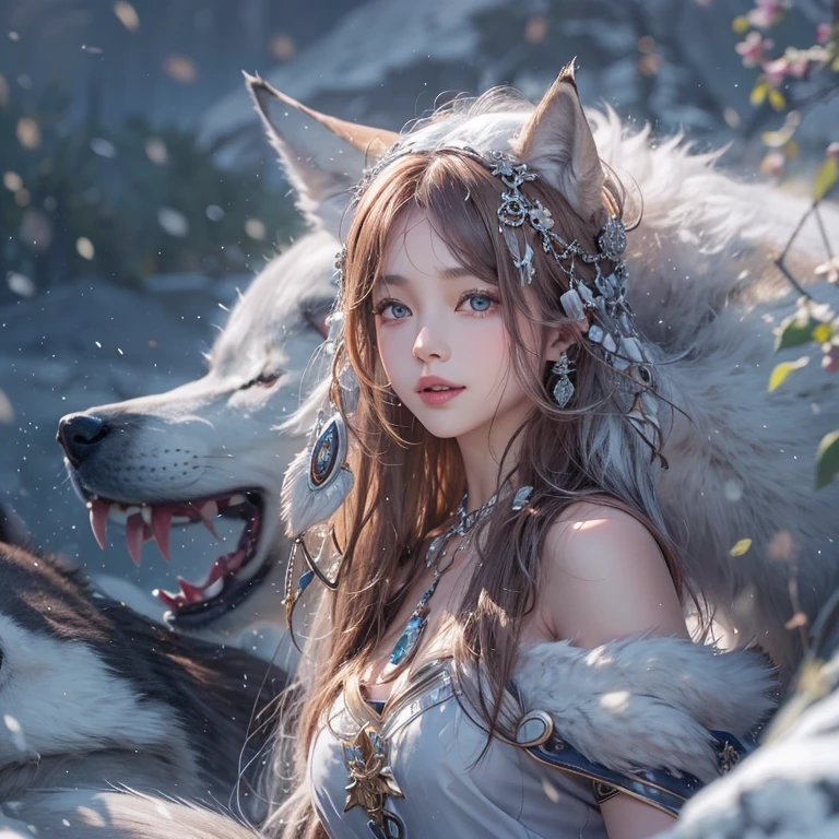 Lakeside surrounded by snowy mountains、Hair Flow、 ((Highest quality、masterpiece、8k、Best image quality、Ultra-high resolution、Award-winning works)、(Accurate anatomy:1.1)、(Look at me and smile:1.1)、Shining fair skin with Ultra-high resolution、The most detailed face、Ultra-high resolution detailed face、Ultra-high resolutionの髪の毛、(Ultra-high resolutionの煌めく瞳:1.1)、Beautiful face drawn in every detail、Ancient Viking clothing, Chest to chest, tattoo, A real wolf is by your side