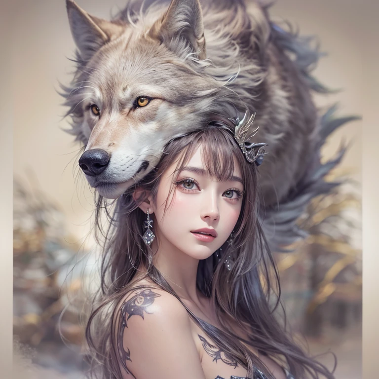 Lakeside surrounded by snowy mountains、Hair Flow、 ((Highest quality、masterpiece、8k、Best image quality、Ultra-high resolution、Award-winning works)、(Accurate anatomy:1.1)、(Look at me and smile:1.1)、Shining fair skin with Ultra-high resolution、The most detailed face、Ultra-high resolution detailed face、Ultra-high resolutionの髪の毛、(Ultra-high resolutionの煌めく瞳:1.1)、Beautiful face drawn in every detail、Ancient Viking clothing, Chest to chest, tattoo, A real wolf is by your side