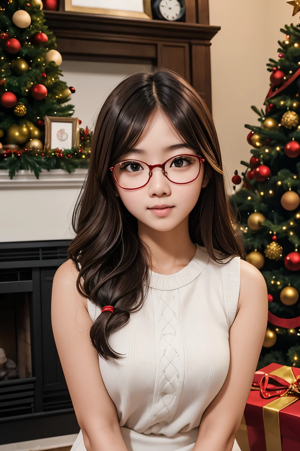 detailed face of photo. 20 year old white skin slim body Indonesian girl with a sweet face, round face chubby face and long brown wavy hair, round glasses wear sexy school girl outfit Sleeveless in front of Christmas tree front of fireplace