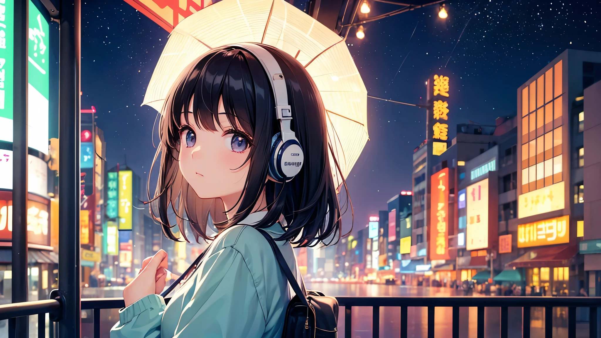 Traveling Inside the Zoo。A young girl with black hair wearing stylish clothes and headphones labeled "Lo-Fi" The girl is shown in profile, gazing into the distance with a calm, relaxed expression Background depicts the iconic scenery of Namba, Osaka at night, without any text on signs A starry night sky adding to the peaceful atmosphere Overall mood is quiet and serene, perfect for Lo-Fi music Detailed hair rendering and careful attention to the girl's fashionable outfit The entire scene should evoke a relaxing, introspective feeling associated with Lo-Fi music