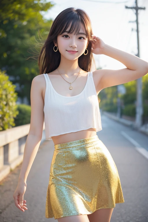 Gravure style、Model pose、Summer Resorts、Walking、From the knee up、One arm raised、Open-minded holiday、clear、17 years old、Height: 160cm、Asian Beauty,Simple Necklace,Medium Hair, Delicate skin, A sparkling smile, Portrait,Cool air,Natural Makeup,Small earrings, High quality texture,Shiny Hair、Clear Eyes、Backlighting、Half backlight、ccup、Bust-enhancing tops、Attractive hip-emphasizing pose、mini skirt、thick lower body
