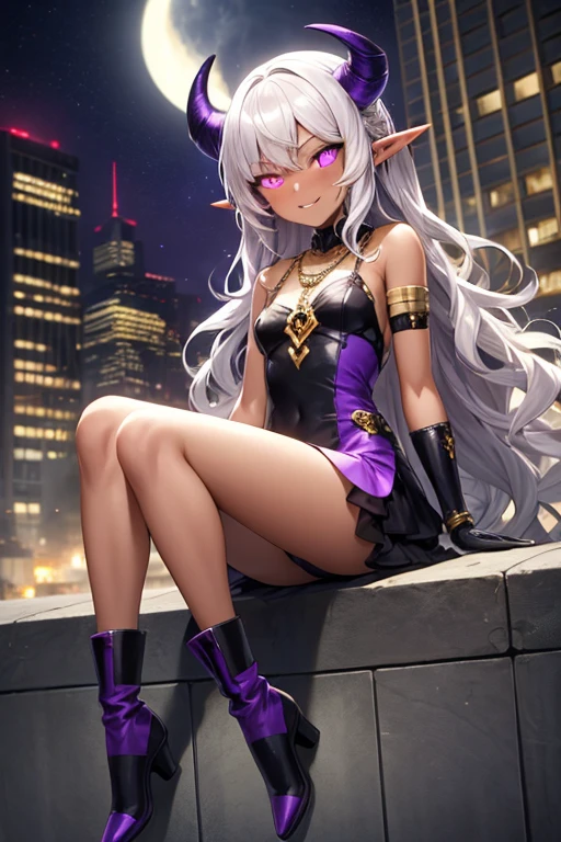 ((best quality)), ((masterpiece)), (detailed), 1 girl, full body, 20s, brown skin, dark elf, african american, flirty face, young adult, evil smile, purple eyes, moons in eyes, black sclera, white hair, somewhat wavy hair, long hair, bangs, blushing, medium breasts, small braid, gold necklace, crown, very small black horns, purple and white witch dress, bare arms, cloth on arms, seductive legs, purple boots, fan, golden wristbands, purple gloves, city background, magic, anime