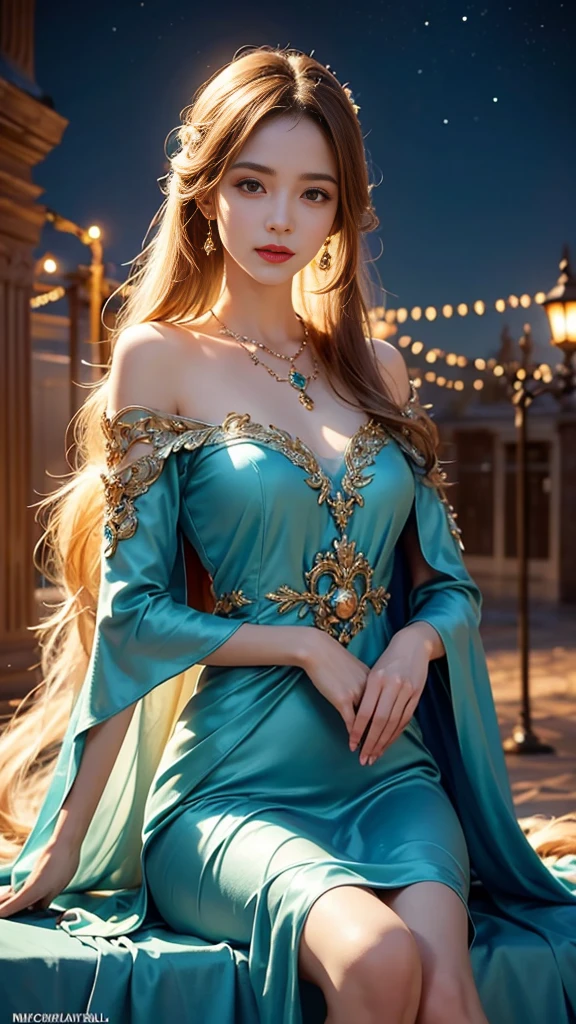 8K ultra hd, masterpiece,1 girl, ((realistic face)), detailed eyes, ((very long hair)), flowing hair, small breasts, royal dress, decorated dress, teal dress, anitque jwellery, detailed lacing, flowing cape, bare navel, moon light, amazing night outdoor, spot lights, glowing lights, depth of field, ray tracing, bloom, realistic shadow, tyndal effect, spreding, lights, looking at the audience, attractive pose, sitting,