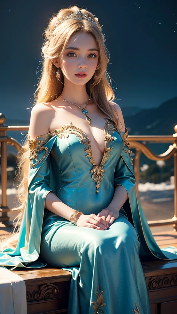 8K ultra hd, masterpiece,1 girl, ((realistic face)), detailed eyes, ((very long hair)), flowing hair, small breasts, royal dress, decorated dress, teal dress, anitque jwellery, detailed lacing, flowing cape, bare navel, moon light, amazing night outdoor, spot lights, glowing lights, depth of field, ray tracing, bloom, realistic shadow, tyndal effect, spreding, lights, looking at the audience, attractive pose, sitting,