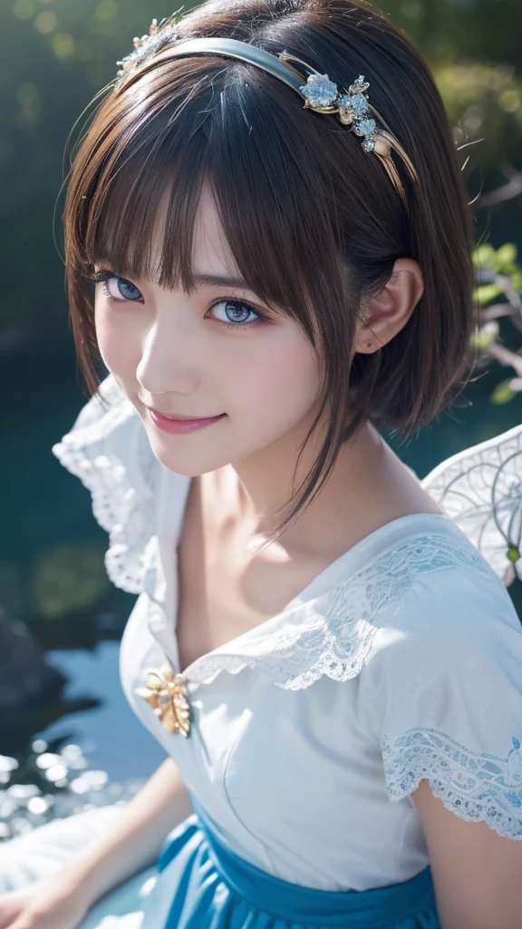 beautiful detailed eyes, droppy eyes,beautiful detailed lips, extremely detailed eyes and face, long eyelashes, 1japanese girl, fantasy character, Final Fantasy, yuuna,smile,short hair,elegant white dress,break, blue long skirt,break,magical girl, highly detailed, fantasy landscape, dramatic lighting, glowing effects, mist, intricate details, volumetric lighting, cinematic composition, hyper realistic, 8k, best quality, masterpiece, photorealistic