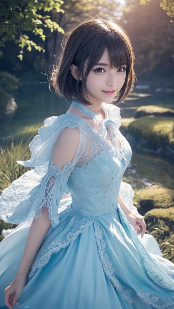 beautiful detailed eyes, droppy eyes,beautiful detailed lips, extremely detailed eyes and face, long eyelashes, 1japanese girl, fantasy character, Final Fantasy, yuuna,smile,short hair,elegant white dress,break, blue long skirt,break,magical girl, highly detailed, fantasy landscape, dramatic lighting, glowing effects, mist, intricate details, volumetric lighting, cinematic composition, hyper realistic, 8k, best quality, masterpiece, photorealistic