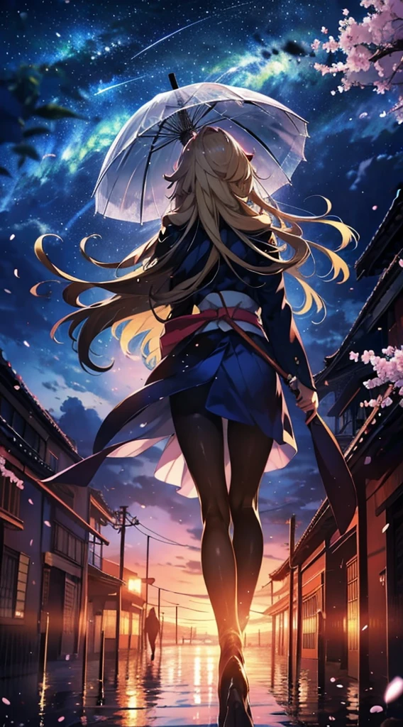 １people々々々々々々々々々,Blonde long hair，Long coat，Holding a Japanese umbrella，silhouette， Rear View，Space Sky, milky way, Anime Style, lamp post, cherry blossoms，夜cherry blossoms，辺り一面に舞うcherry blossoms吹雪，