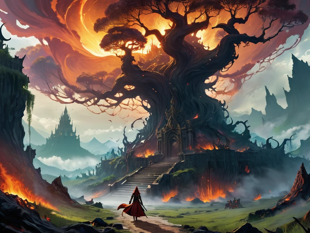best quality,4k,8k,highres,masterpiece:1.2),ultra-detailed, (large masterpiece digital art), (detailed manga illustration), (detailed line art), cinematic lighting, (intricate details:1.3), (ultra-detailed:1.3), (illustration:1.3), (sharp focus:1.3), (natural lighting:1.05), (vivid colors:1.3), (masterpiece), (best quality:1.4), dynamic lighting, high quality, The Infernal Wilds of Anarchy stretch across a vast and tumultuous plane of existence, occupying a space beyond the confines of mortal comprehension. This realm defies the laws of nature, existing as a chaotic expanse where order and structure hold little sway. Imagine a landscape of endless, roiling chaos, where the very fabric of reality is in constant flux. The size of the Infernal Wilds of Anarchy is staggering, spanning an incomprehensible expanse that defies conventional measurement. It extends infinitely in all directions, with no discernible boundaries or edges. Within this boundless expanse, countless realms, each a universe unto itself, ebb and flow like islands in a turbulent sea of chaos. Mayael, the enigmatic ruler of this realm, holds dominion over the Infernal Wilds of Anarchy from her citadel at the heart of the chaos. Her influence extends far and wide, shaping the very essence of this infernal domain. Through her power, she has brought numerous infernal realms under her control, assimilating them into the ever-expanding tapestry of her domain. These realms, each with its own unique characteristics and denizens, now exist as interconnected pockets within the Infernal Wilds of Anarchy. From desolate wastelands teeming with fiery brimstone to twisted forests where shadows dance with malevolent intent, the landscapes of these realms are as diverse as they are dangerous. Despite the vastness of the Infernal Wilds of Anarchy, Mayael's control is absolute within her domain. Her will is law, and those who dare to oppose her are swiftly crushed beneath the weight of her infernal might.