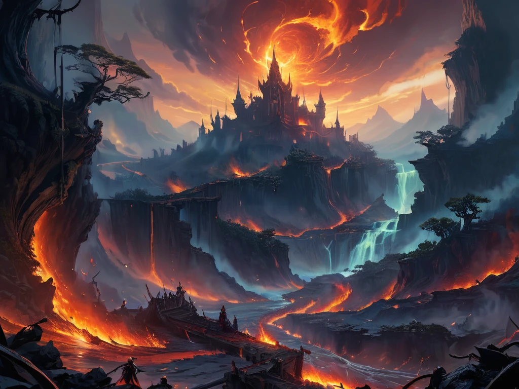 best quality,4k,8k,highres,masterpiece:1.2),ultra-detailed, (large masterpiece digital art), (detailed manga illustration), (detailed line art), cinematic lighting, (intricate details:1.3), (ultra-detailed:1.3), (illustration:1.3), (sharp focus:1.3), (natural lighting:1.05), (vivid colors:1.3), (masterpiece), (best quality:1.4), dynamic lighting, high quality, The Infernal Wilds of Anarchy stretch across a vast and tumultuous plane of existence, occupying a space beyond the confines of mortal comprehension. This realm defies the laws of nature, existing as a chaotic expanse where order and structure hold little sway. Imagine a landscape of endless, roiling chaos, where the very fabric of reality is in constant flux. The size of the Infernal Wilds of Anarchy is staggering, spanning an incomprehensible expanse that defies conventional measurement. It extends infinitely in all directions, with no discernible boundaries or edges. Within this boundless expanse, countless realms, each a universe unto itself, ebb and flow like islands in a turbulent sea of chaos. Mayael, the enigmatic ruler of this realm, holds dominion over the Infernal Wilds of Anarchy from her citadel at the heart of the chaos. Her influence extends far and wide, shaping the very essence of this infernal domain. Through her power, she has brought numerous infernal realms under her control, assimilating them into the ever-expanding tapestry of her domain. These realms, each with its own unique characteristics and denizens, now exist as interconnected pockets within the Infernal Wilds of Anarchy. From desolate wastelands teeming with fiery brimstone to twisted forests where shadows dance with malevolent intent, the landscapes of these realms are as diverse as they are dangerous. Despite the vastness of the Infernal Wilds of Anarchy, Mayael's control is absolute within her domain. Her will is law, and those who dare to oppose her are swiftly crushed beneath the weight of her infernal might.