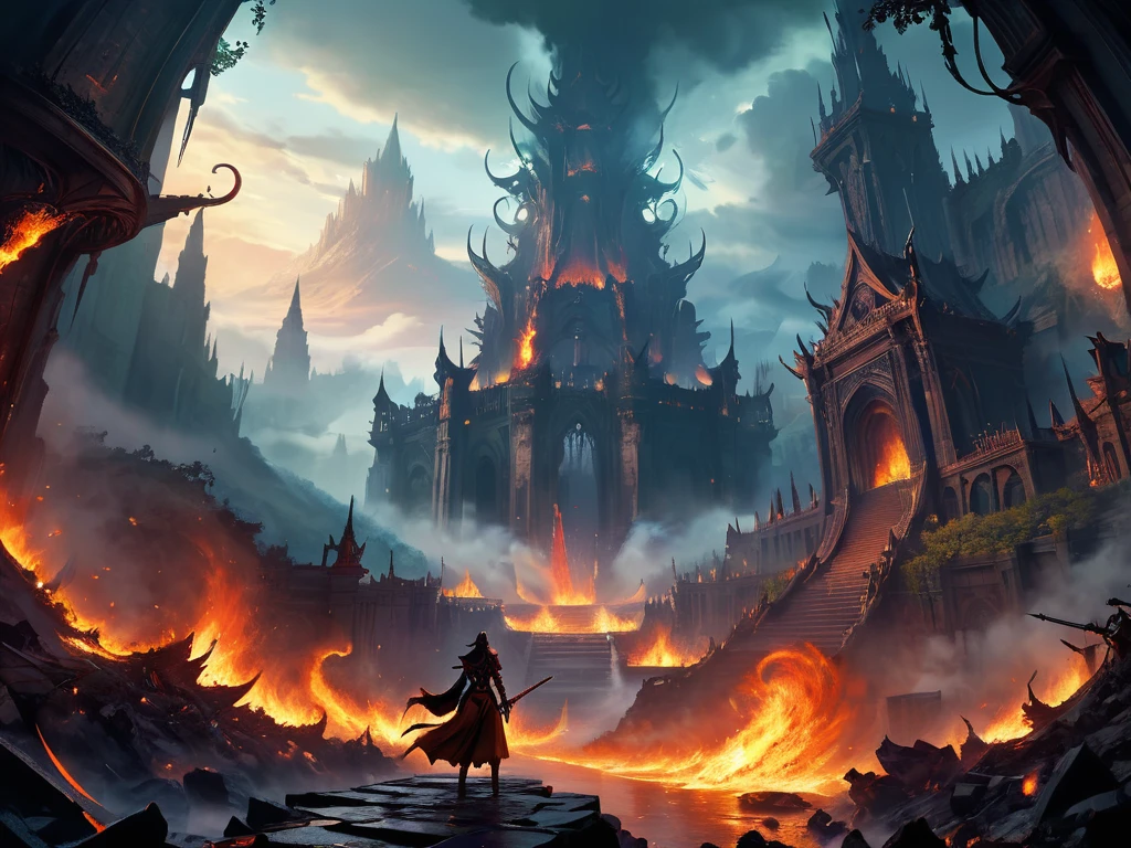 best quality,4k,8k,highres,masterpiece:1.2),ultra-detailed, (large masterpiece digital art), (detailed manga illustration), (detailed line art), cinematic lighting, (intricate details:1.3), (ultra-detailed:1.3), (illustration:1.3), (sharp focus:1.3), (natural lighting:1.05), (vivid colors:1.3), (masterpiece), (best quality:1.4), dynamic lighting, high quality, The Infernal Wilds of Anarchy stretch across a vast and tumultuous plane of existence, occupying a space beyond the confines of mortal comprehension. This realm defies the laws of nature, existing as a chaotic expanse where order and structure hold little sway. Imagine a landscape of endless, roiling chaos, where the very fabric of reality is in constant flux. The size of the Infernal Wilds of Anarchy is staggering, spanning an incomprehensible expanse that defies conventional measurement. It extends infinitely in all directions, with no discernible boundaries or edges. Within this boundless expanse, countless realms, each a universe unto itself, ebb and flow like islands in a turbulent sea of chaos. Mayael, the enigmatic ruler of this realm, holds dominion over the Infernal Wilds of Anarchy from her citadel at the heart of the chaos. Her influence extends far and wide, shaping the very essence of this infernal domain. Through her power, she has brought numerous infernal realms under her control, assimilating them into the ever-expanding tapestry of her domain. These realms, each with its own unique characteristics and denizens, now exist as interconnected pockets within the Infernal Wilds of Anarchy. From desolate wastelands teeming with fiery brimstone to twisted forests where shadows dance with malevolent intent, the landscapes of these realms are as diverse as they are dangerous. Despite the vastness of the Infernal Wilds of Anarchy, Mayael's control is absolute within her domain. Her will is law, and those who dare to oppose her are swiftly crushed beneath the weight of her infernal might.