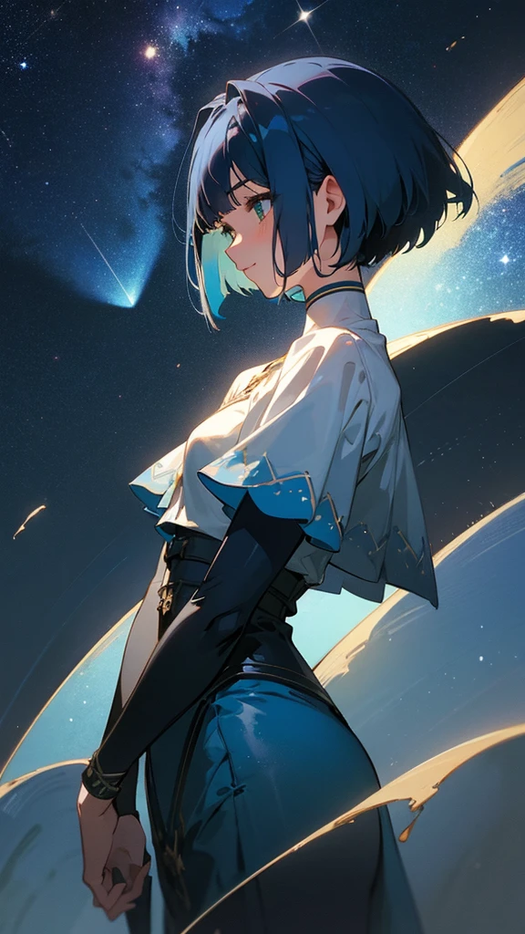 1 girl、masterpiece、Highest quality、detailed、Dark blue hair、Short Bob Cut、Straight hair、Green Eyes、beautiful、Dancer、Starry Sky、night、Anime style painting、Hard Edge、Soft Surface、smile、profile、Upper body close-up、Stage lighting、Spot lighting