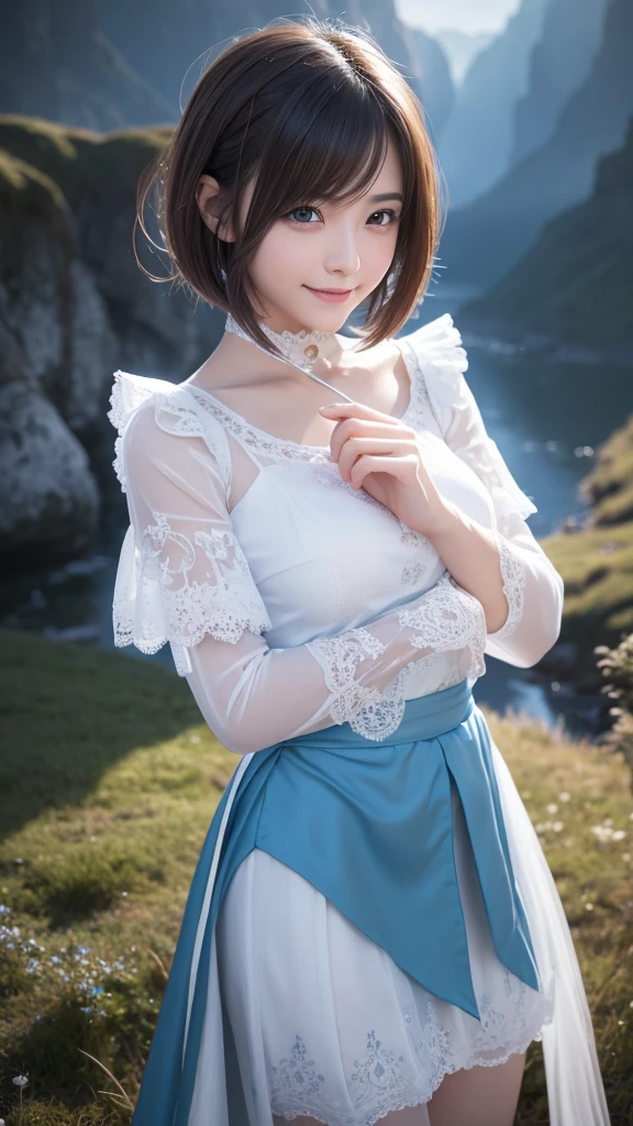 beautiful detailed eyes, droppy eyes,beautiful detailed lips, extremely detailed eyes and face, long eyelashes, 1japanese girl, fantasy character, Final Fantasy, yuuna,smile,short hair,elegant white dress,break, blue long skirt,break,magical girl, highly detailed, fantasy landscape, dramatic lighting, glowing effects, mist, intricate details, volumetric lighting, cinematic composition, hyper realistic, 8k, best quality, masterpiece, photorealistic
