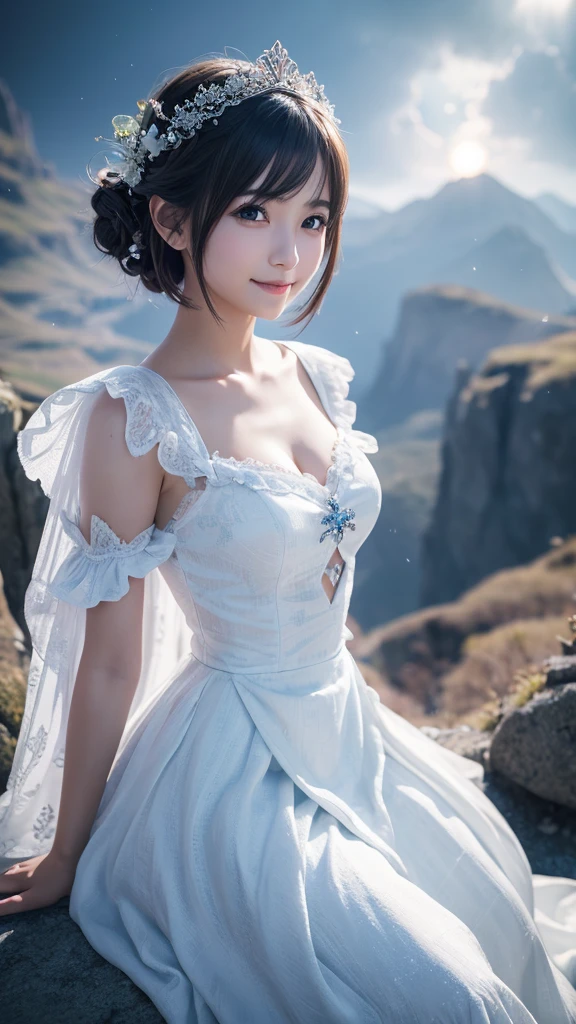 beautiful detailed eyes, droppy eyes,beautiful detailed lips, extremely detailed eyes and face, long eyelashes, 1japanese girl, fantasy character, Final Fantasy, yuuna,smile,short hair,elegant white dress,break, blue long skirt,break,magical girl, highly detailed, fantasy landscape, dramatic lighting, glowing effects, mist, intricate details, volumetric lighting, cinematic composition, hyper realistic, 8k, best quality, masterpiece, photorealistic