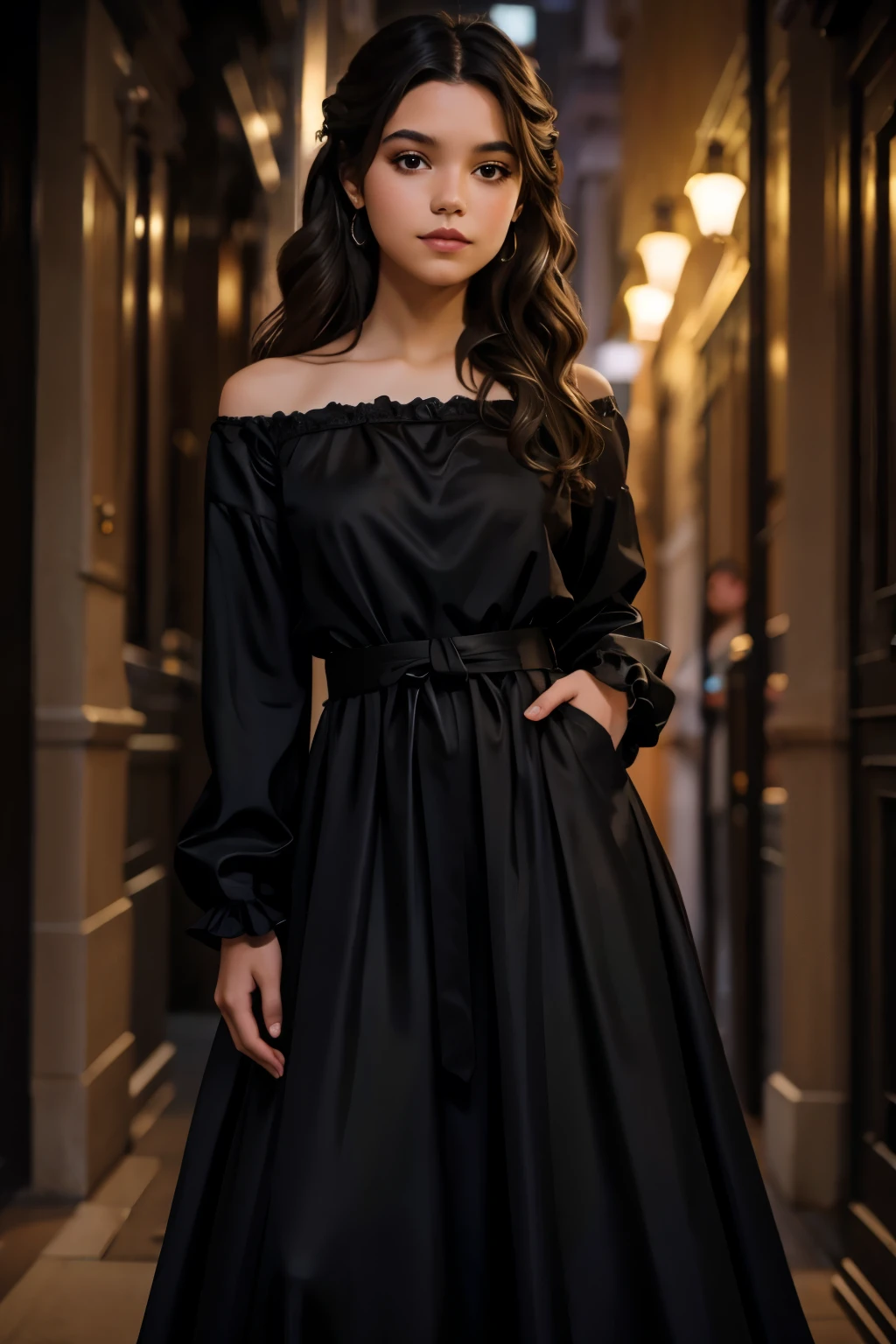 ((best quality)), ((masterpiece)), (detailed), beautiful girl, perfect face, calm expression, soft expression, not fully smiling, (dark brown eyes), (black eyes), photorealistic, detailed long hair, perfect lighting, (young), delicate, gentle, feminine, she is wearing a beautiful black, silver, and dark green color ball gown with long sleeves, she is beautiful, she is calm, photorealistic image, long black hair, dark brown sheen, clear brown eyes, clear black eyes, light freckles across her cheeks, long wavy hair, long curly hair, updo hairstyle, black eyeshadow, black lipstick, full-body length image, realistic