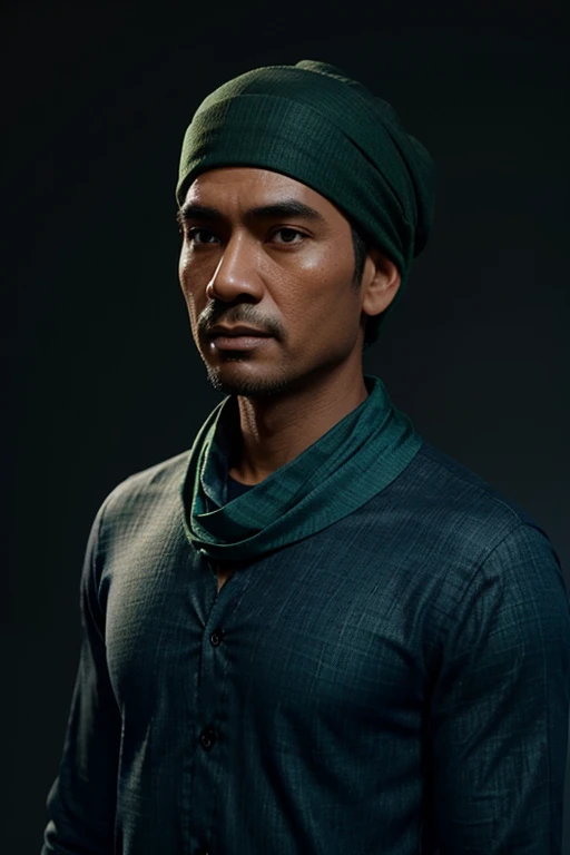 3D Disney pixar of a 40 year old Indonesian man, thin body, wearing a plain long shirt and green scarf, wearing a black Muslim cap, blue  gradient background, face view