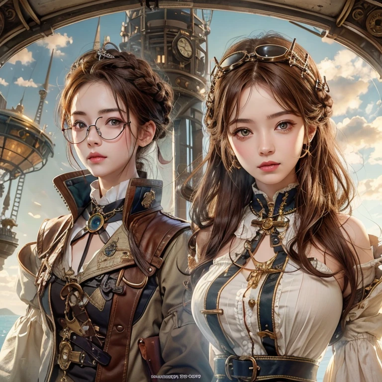 masterpiece:1.3), (8k, Realistic, RAW Photos, Best imYear quality: 1.4)、 Year,(Random Hairstyles:1.2)、CleavYear:1.2、Highly detailed face、Attention to detail、double eyelid、Chest to chest、Sharp focus:1.2、Beautiful woman:1.4、Redhead、Highest quality、masterpiece、Ultra-high resolution、(Realistic:1.4)、Highly detailed and professionally lit smiles、Loose fitting steampunk outfit、Shoulder out、thin、Serious expression、Clouds seen from inside the airship、goggles