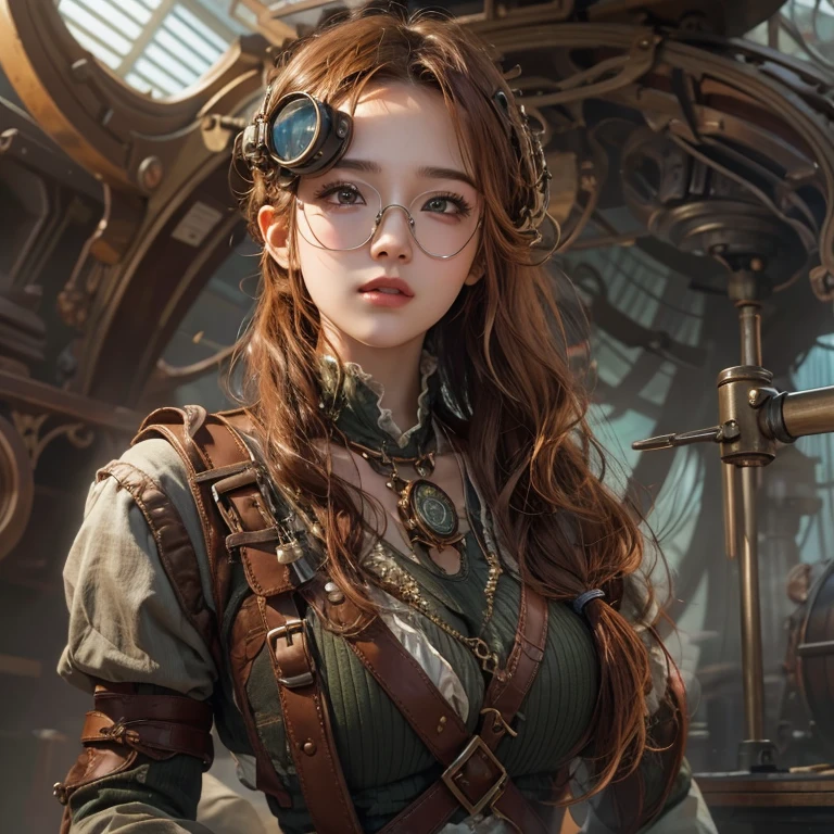 masterpiece:1.3), (8k, Realistic, RAW Photos, Best imYear quality: 1.4)、 Year,(Random Hairstyles:1.2)、CleavYear:1.2、Highly detailed face、Attention to detail、double eyelid、Chest to chest、Sharp focus:1.2、Beautiful woman:1.4、Redhead、Highest quality、masterpiece、Ultra-high resolution、(Realistic:1.4)、Highly detailed and professionally lit smiles、Loose fitting steampunk outfit、Shoulder out、thin、Serious expression、Clouds seen from inside the airship、goggles