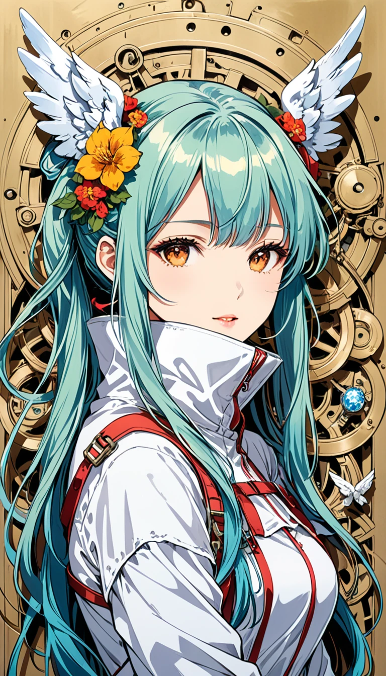 (With text:"Angel Fall":1.4),{汉斯·哈同style},{Heinrich Leffler (Heinrich Lefler) style},采用 Artur Bordalo 角色概念设计style,(1 Girl:1.4), multi-tied hair