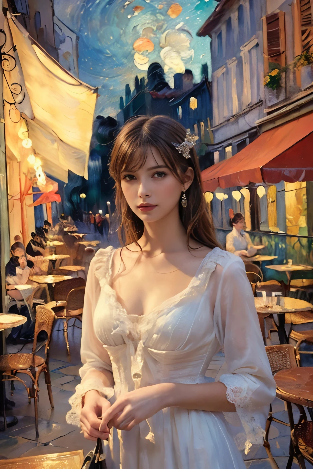 
((masterpiece:1.4, Highest quality)), (Realistic photos:1.4), (Artwork), 
((1 girl)), (Otherworldly beauty), (dream-like), ((1 girl, Realistic photos)),
(超High resolution:1.2), Very delicate and beautiful, wonderful, Very detailed CG Unity 8k wall paper, Very detailed, High resolution, 
Soft Light, Beautiful detailed girl, Very detailed eyes and face, Beautiful and detailed nose, Beautiful and detailed, 
(Dressed in late 19th century French costume:1.3), (In front of the cafe at night:1.3),
Cinema Lighting, Perfect Anatomy, Slender body, (Parted bangs),
(The world of impressionist painting:1.5), (Impressionist light and colour), (「Cafe terrace at night」),
Cowboy Shot