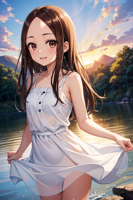 Takagi-san、Shiny brown hair, Long Hair,((Medium chest、Forehead、Center part))、 Beautiful brown eyes、smile、Sparkling eyes, (fine grain)、Very fine eye、Highly detailed face, Highly detailed eyes, Cowboy Shot、

A girl in a white dress is bathing in the river, Get wet, Have fun, No makeup, Rural landscape, sunset, I turn around